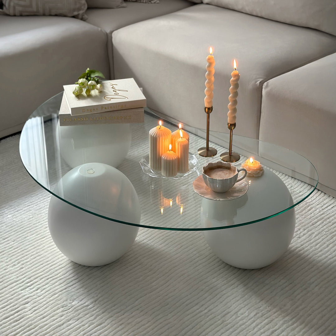 cam orta sehpa seffaf cam tabla beyaz ihlamur agaci ayak zarif ve dayanikli tasarim vornom