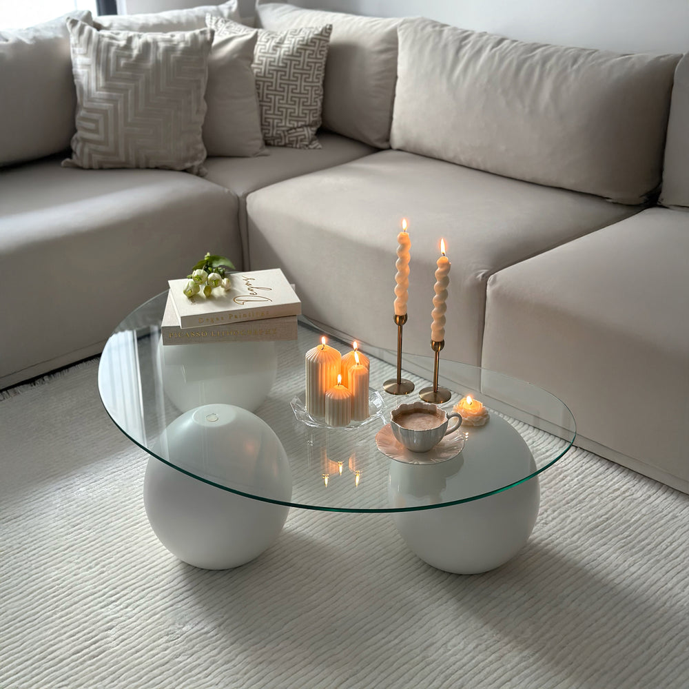 cam orta sehpa beyaz top ayak modern salon dekorasyonu icin sik seffaf cam vornom