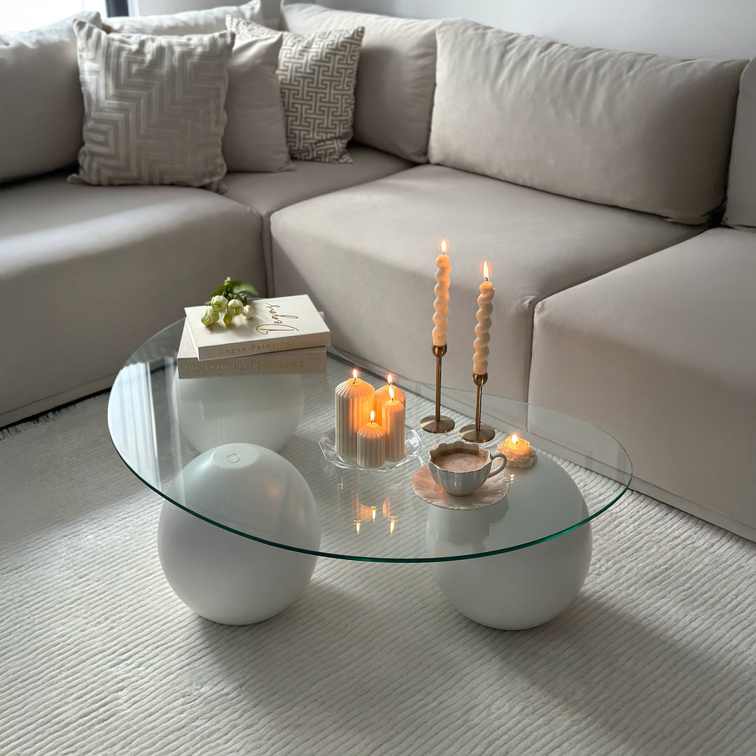 cam orta sehpa beyaz top ayak modern salon dekorasyonu icin sik seffaf cam vornom