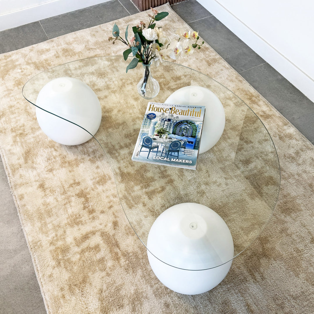 cam orta sehpa seffaf cam beyaz top ayak sik dayanikli vornom