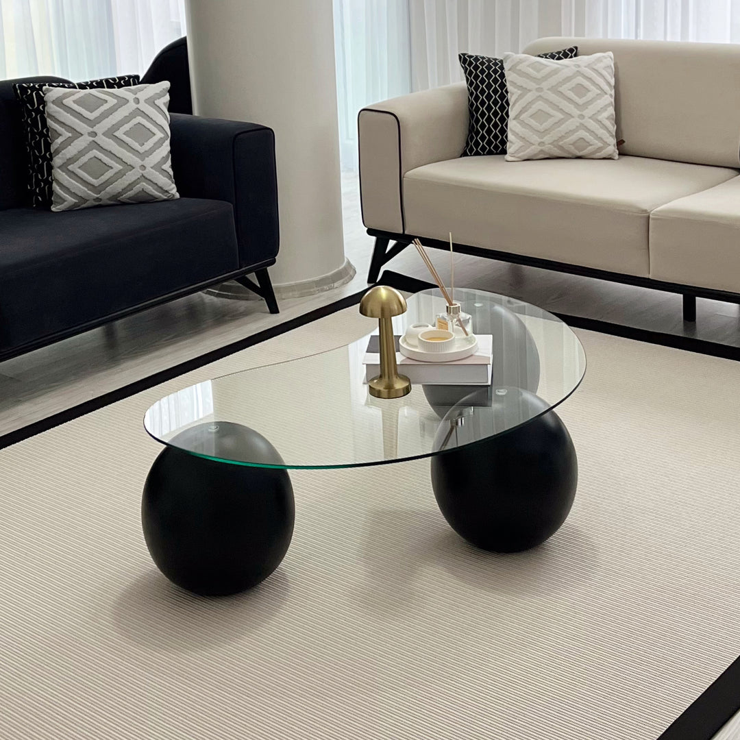 seffaf cam tasarimli siyah yuvarlak top ayakli sehpa vornom