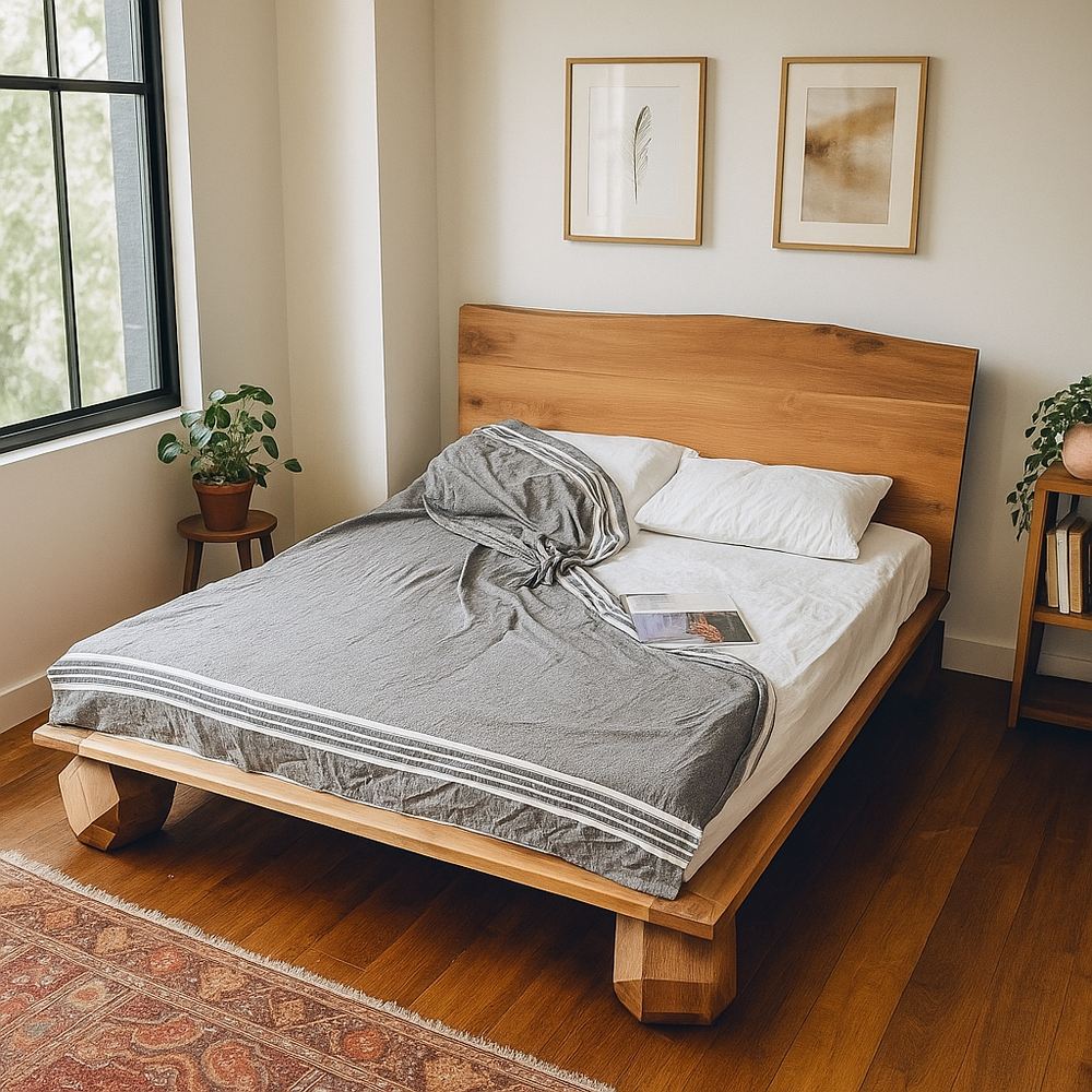 Dogal ceviz agaciyle tasarlanmis modern cizgilere sahip cift kisislik karyola ile yatak odaniza estetik bir dokunus katin vornom