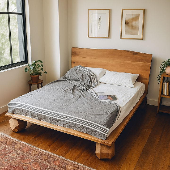 Dogal ceviz agaciyle tasarlanmis modern cizgilere sahip cift kisislik karyola ile yatak odaniza estetik bir dokunus katin vornom