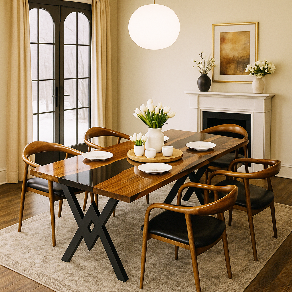 siyah nehir epoksi ceviz masa yemek odaniza modern ve kaliteli bir gorunum katar vornom