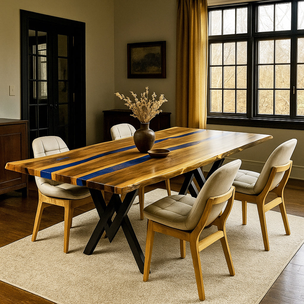 Organik hatlara sahip ceviz agaci yuzeyde kivrimli mavi epoksi nehirle tasarlanmis sik ve rustik tarzda yemek masasi vornom