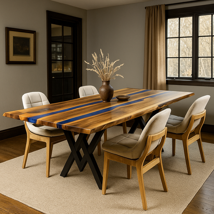 Siyah metal ayaklara sahip  duz kenarli ceviz agacindan yapilmis ve iki mavi epoksi serit ile suslenmis dikdortgen yemek masasi vornom