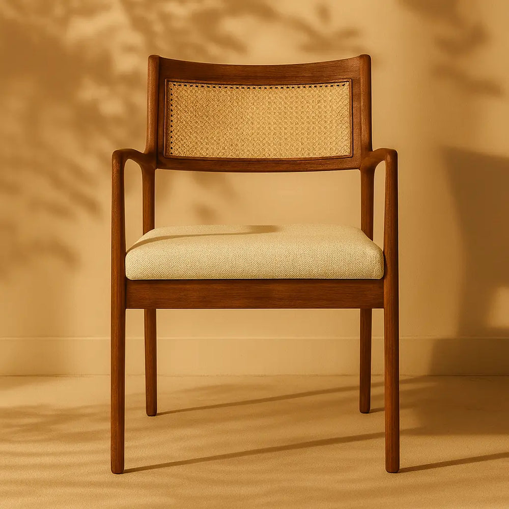 Hazeran Sırtlı Masif Kayın Yemek Sandalyesi, hasır sırt ve bej yastıkla tasarlanmış zarif bir oturma alanı sunar.