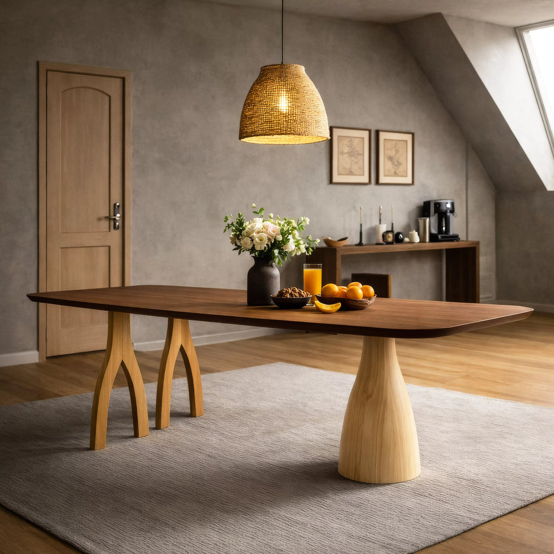 Modern bir odada, ahşap zemin üzerinde yer alan asimetrik ayaklı Heykelsi Kestane Yemek Masası.