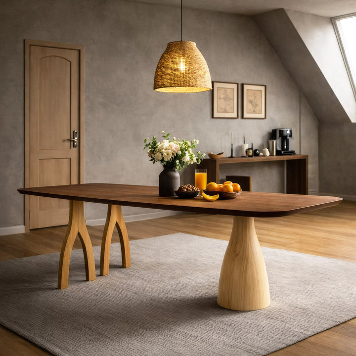 Modern bir odada, ahşap zemin üzerinde yer alan asimetrik ayaklı Heykelsi Kestane Yemek Masası.