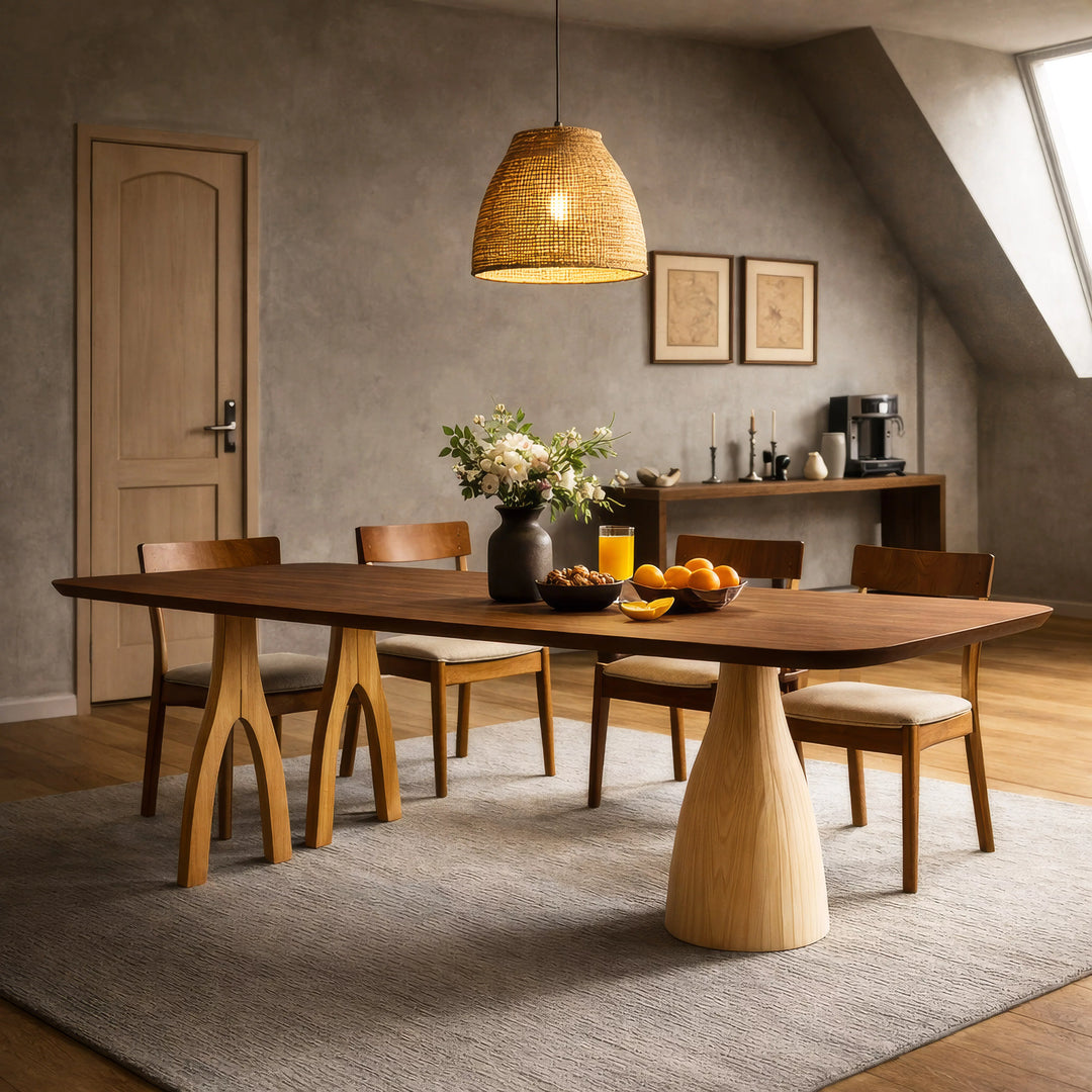 Asimetrik ayaklı heykelsi kestane yemek masası ve sandalyelerin yer aldığı modern bir yemek odası.