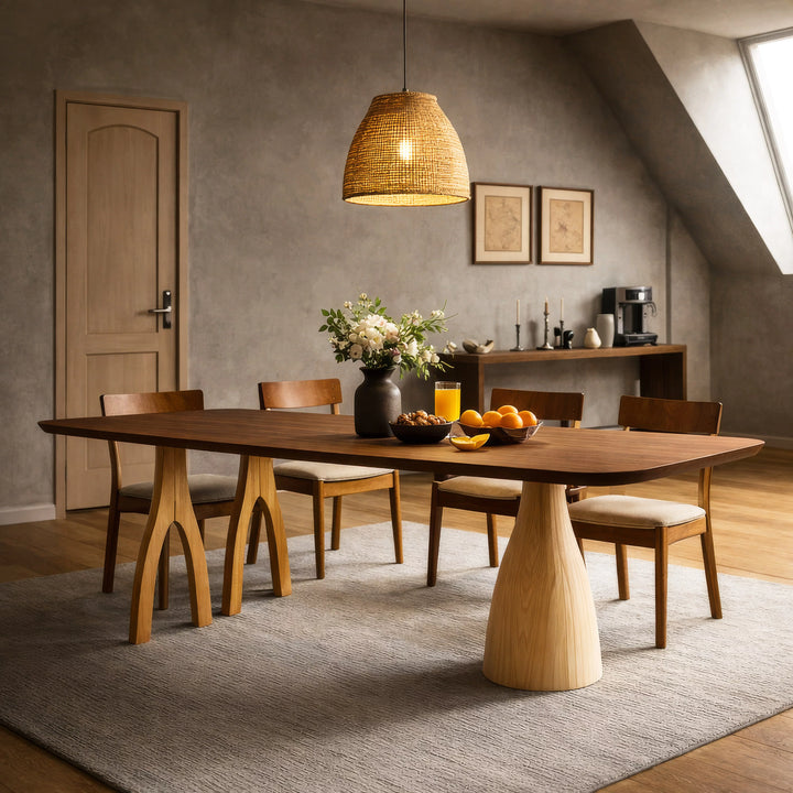 Asimetrik ayaklı heykelsi kestane yemek masası ve sandalyelerin yer aldığı modern bir yemek odası.