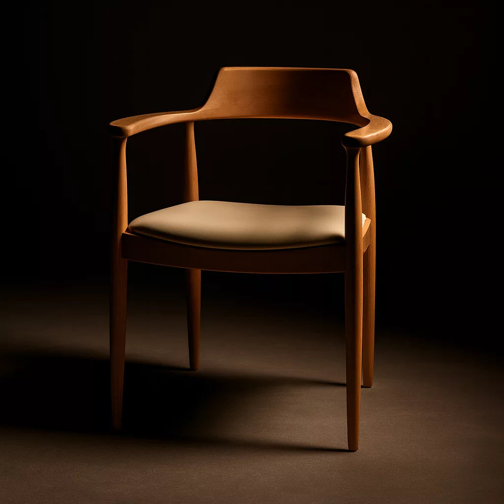 İskandinav tarzında, tan renkli oturumu ve kolçaklarıyla Kennedy Sandalye, modern yemek alanları için idealdir.