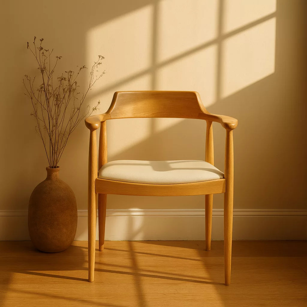 Güneşin vurduğu bir pencere önünde yer alan İskandinav stil ahşap yemek sandalyesi, Kennedy sandalyesi olarak bilinir.