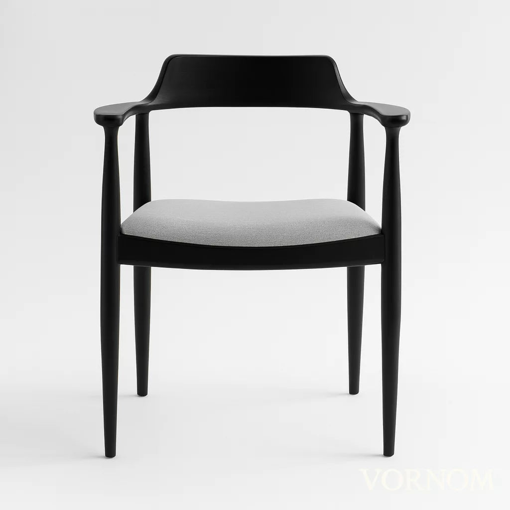 Kennedy sandalye, siyah ahşap çerçeve ve armrestlerle tasarlanmış İskandinav stil yemek sandalyeleri.