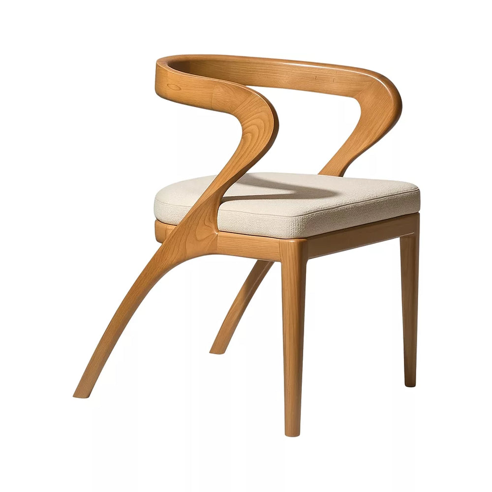 Japandi stilinde, beyaz yastıklı ve eğrisel sırtlı masif kayın tasarım sandalye.