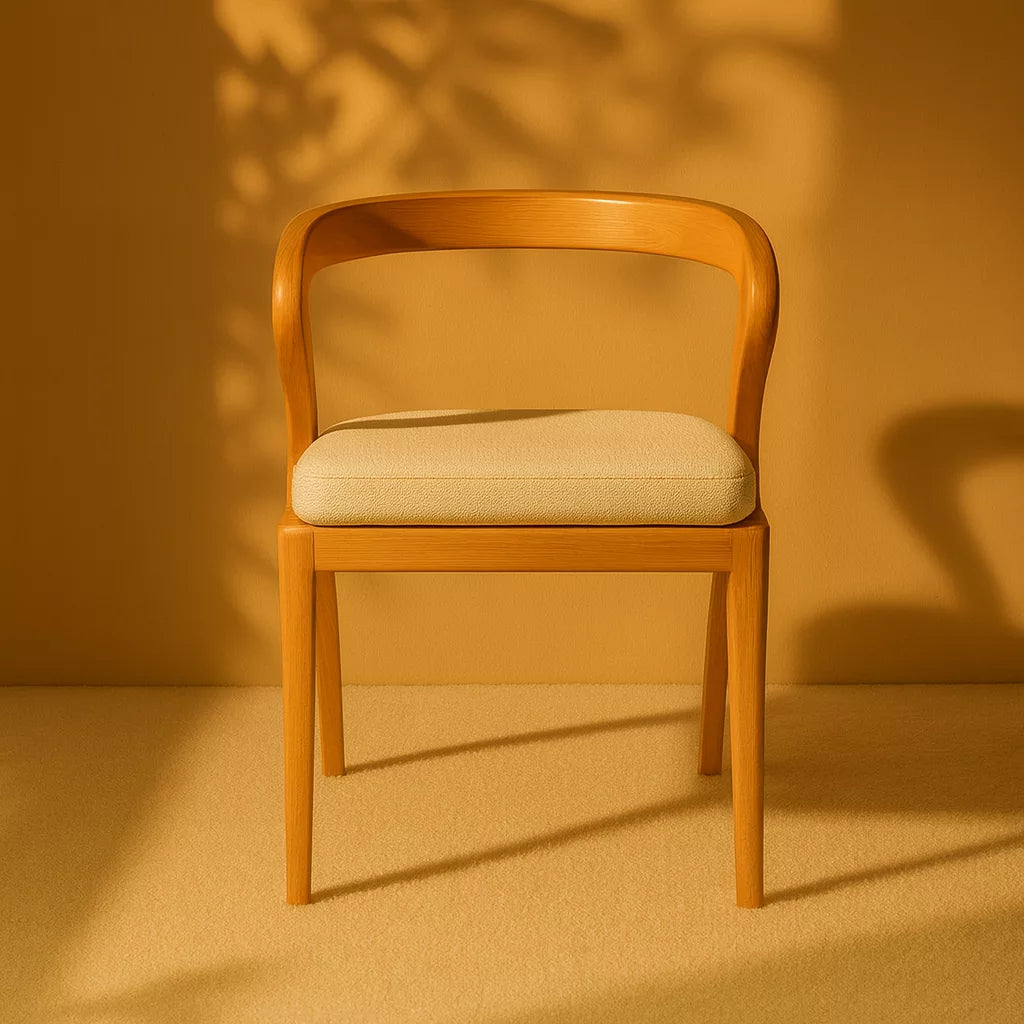 Ahşap çerçeveye sahip, tan renkli döşemeli Japandi stil sandalye.