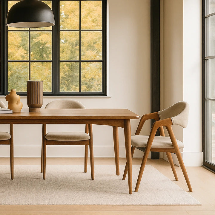 Modern bir yemek masası, etrafında sandalyeler ve ortada bir vazoyla dekore edilmiştir.