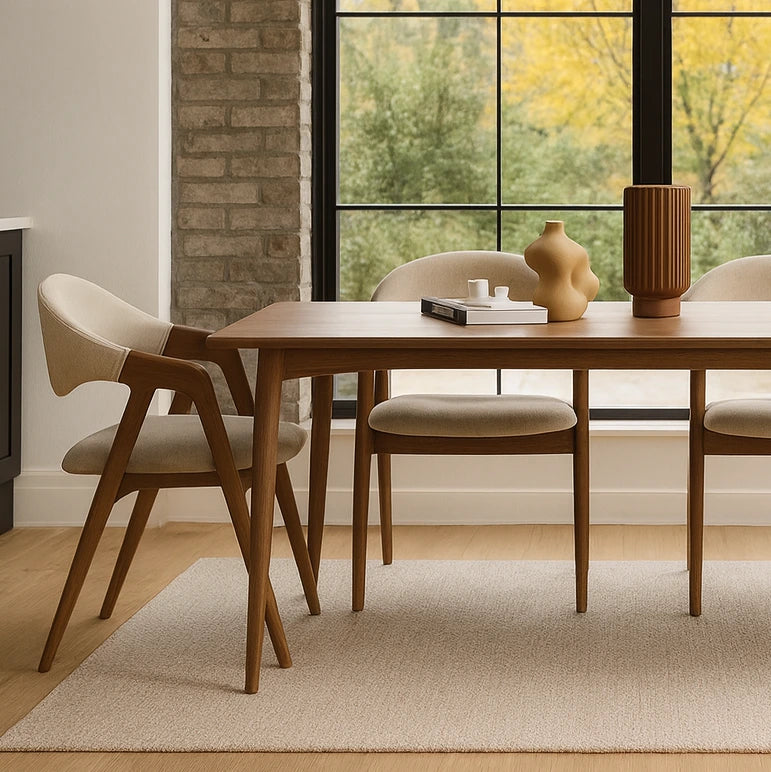 Minimalist kayın sandalyelerle çevrili modern bir yemek masası ve üzerinde bir vazo yer alıyor.
