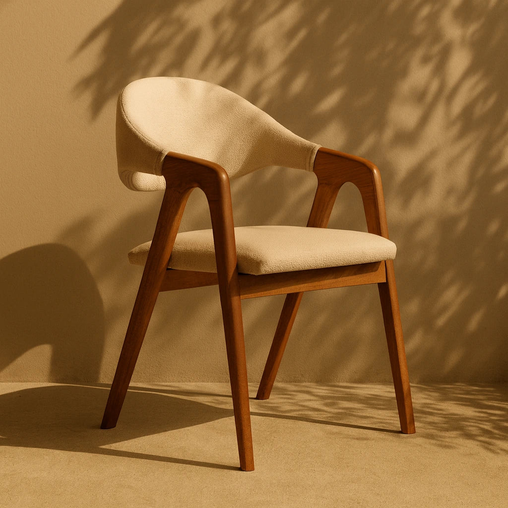 Kavisli sırtlı, tan döşemeli ve ahşap ayaklı minimalist kayın sandalye.