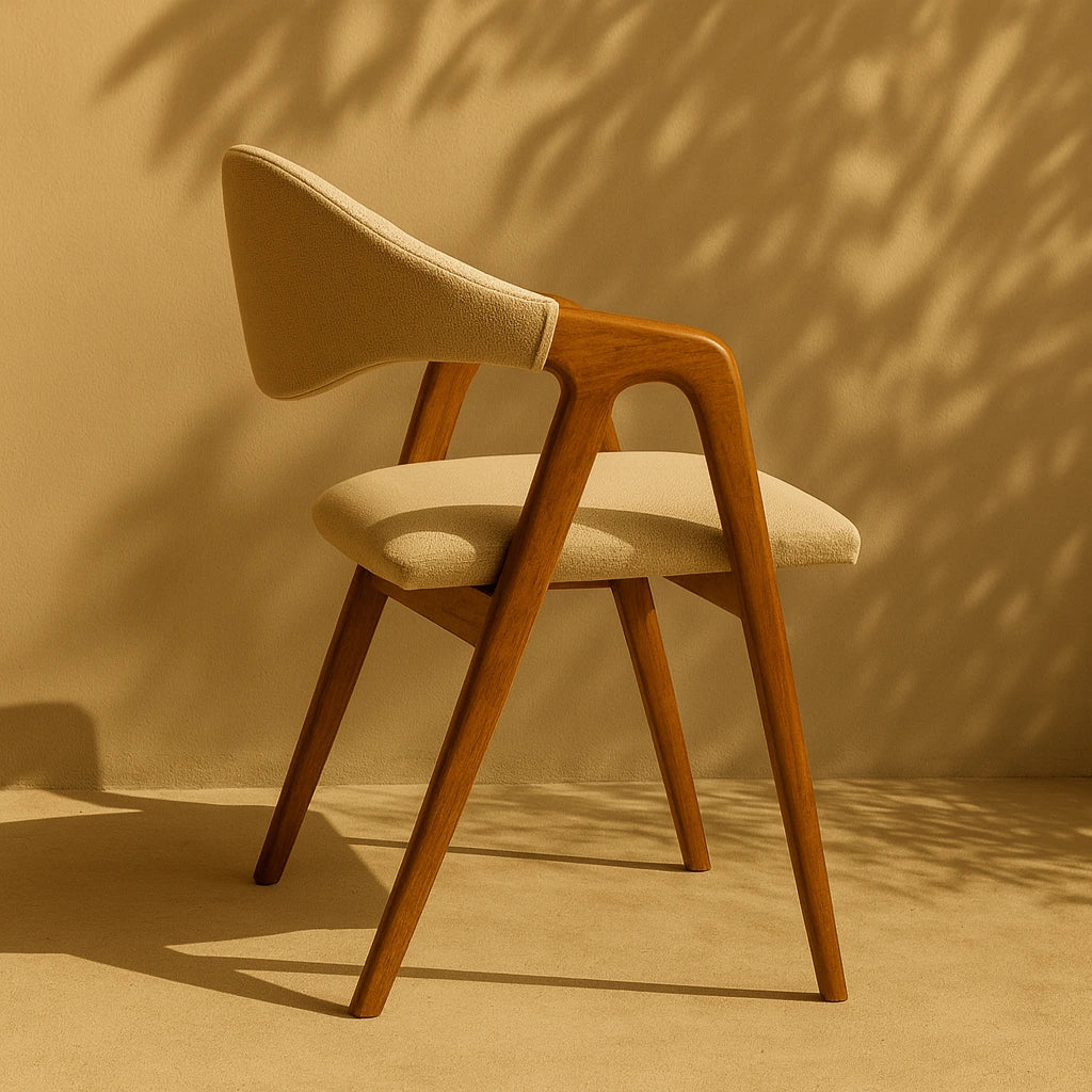 Kavisli sırtlı, bej döşemeli ve ahşap çerçeveli minimalist kayın sandalye, modern bir oturma alanı için ideal.