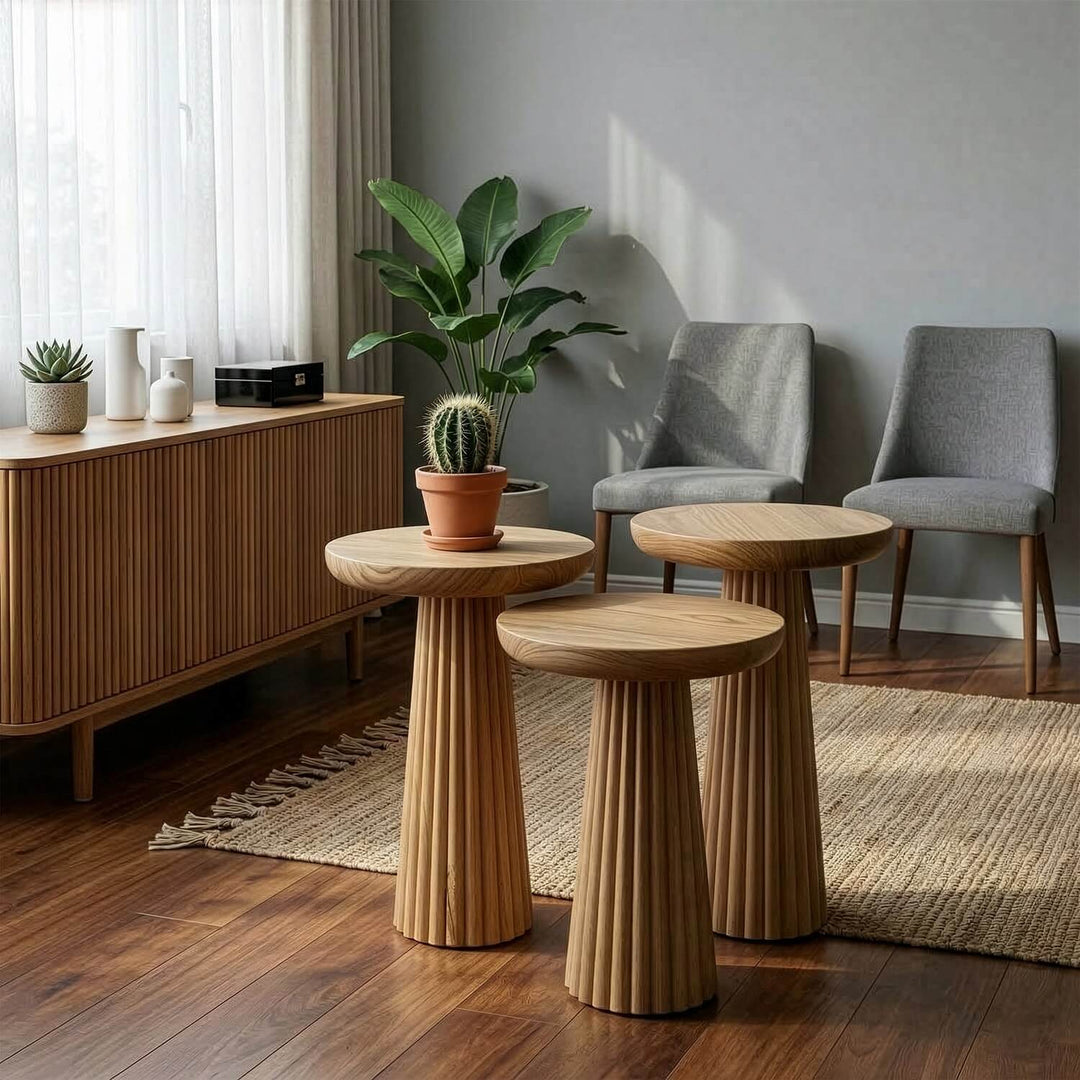 Doğal Kestane Ahşap Mantar Sehpa Seti – Oluklu Yan Sehpa