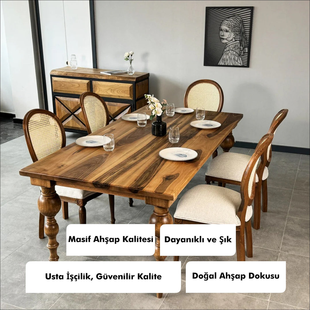 beyaz etiketler uzerinde urun ozellikleri bulunan masif ahsap torna ayak yemek masasi vornom