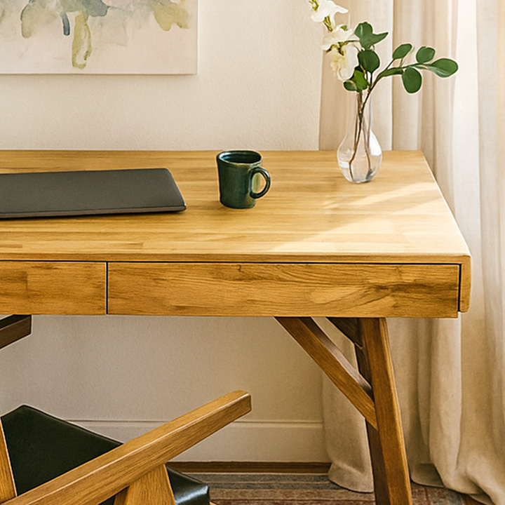 masif mesenin dogal dokusunun vurgulandigi modern ahsap calisma masasi vornom