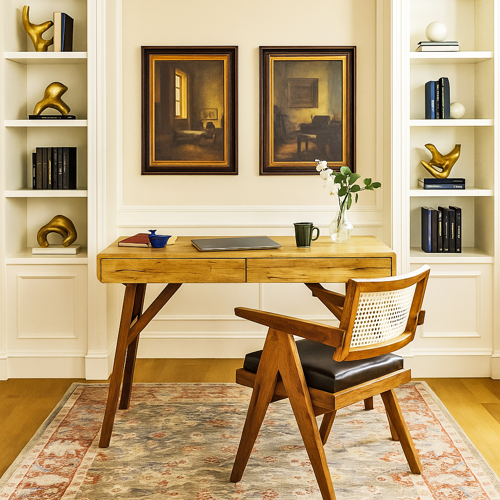 hazeran sandalye ve masif mese calisma masasi calisma odasina modern bir atmosfer kazandiriyor vornom