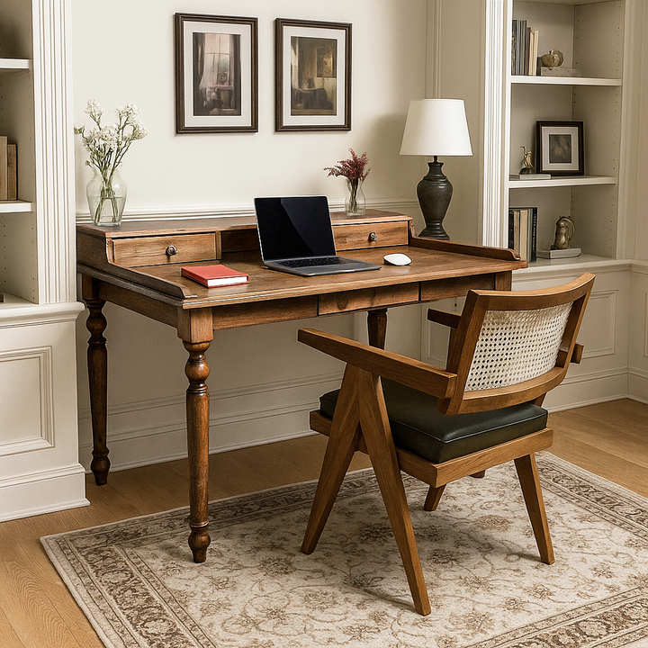 Masif ceviz calisma masasi, klasik tasarimli, dogal ceviz ahsap ve modern detaylarla ofis dekorasyonu vornom