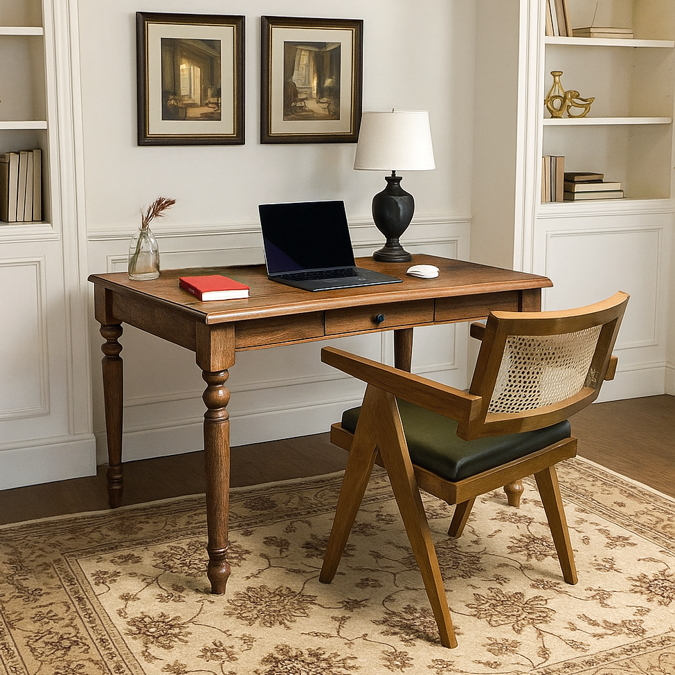 Ceviz ahsap calisma masasi fonksiyonel cekmeceleriyle sik ve zarif bir ofis ortami vornom