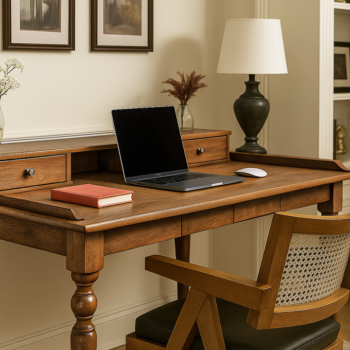 Masif ceviz calisma masasi, ince detaylarla islenmis cekmeceler ve klasik tasarim vornom