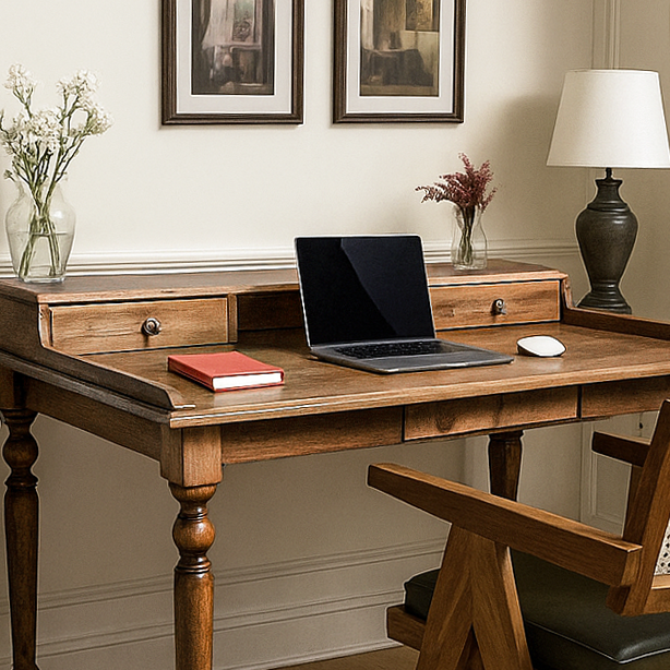 Ceviz ahsap masa, sik cekmeceleriyle stil sahibi calisma odasi dekorasyonu vornom