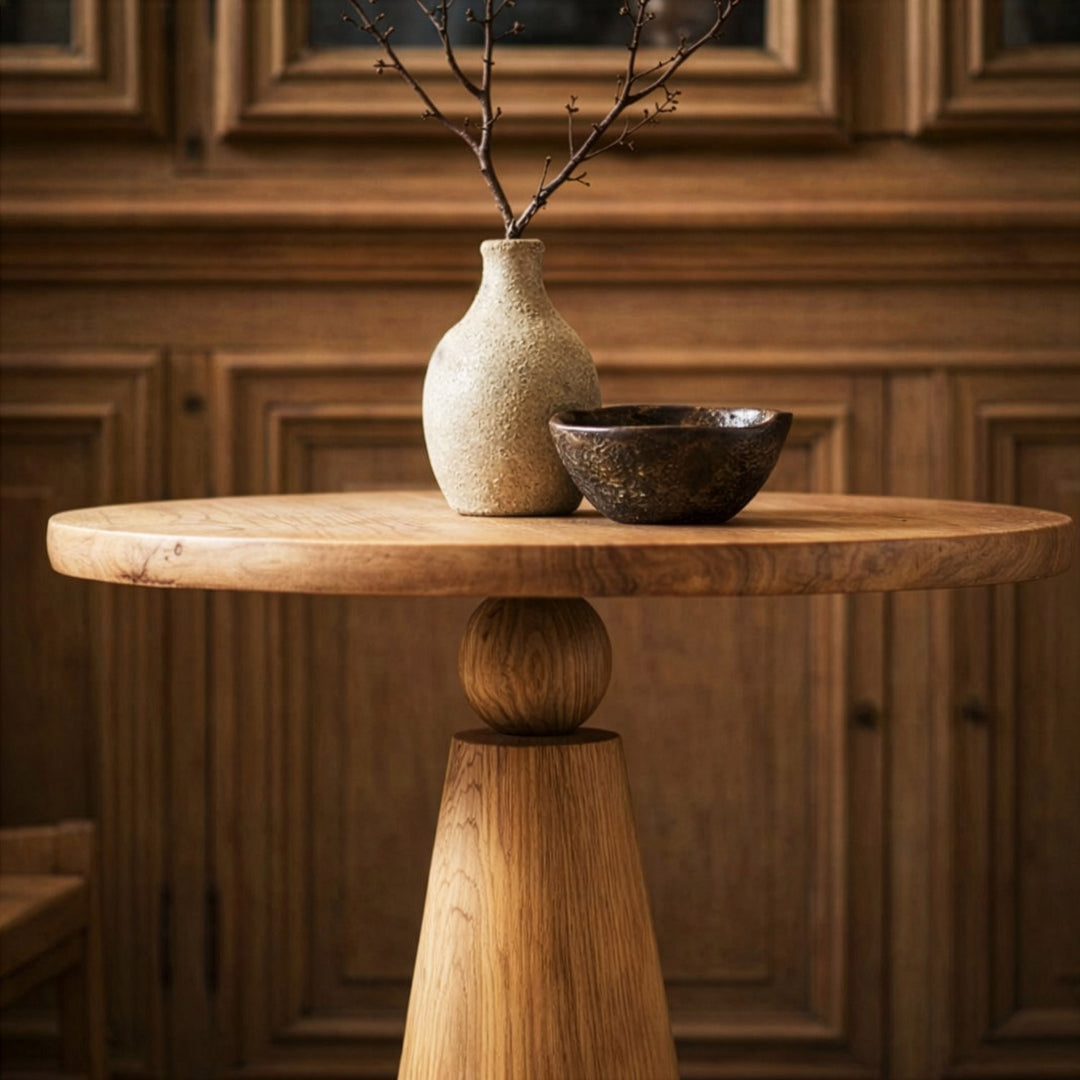 masif mantar sehpa uzerinde seramik vazoya yerlestirilmis ince dallar ve geleneksel bir kase vornom