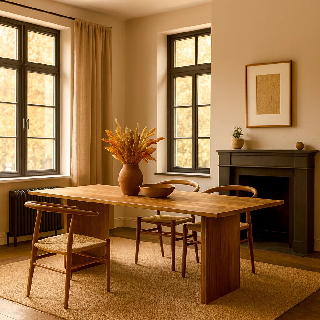 Masif Ceviz Yemek Masası, etrafında sandalyeler ve üzerinde bir vazoyla düzenlenmiş şık bir masa görüntüsü.