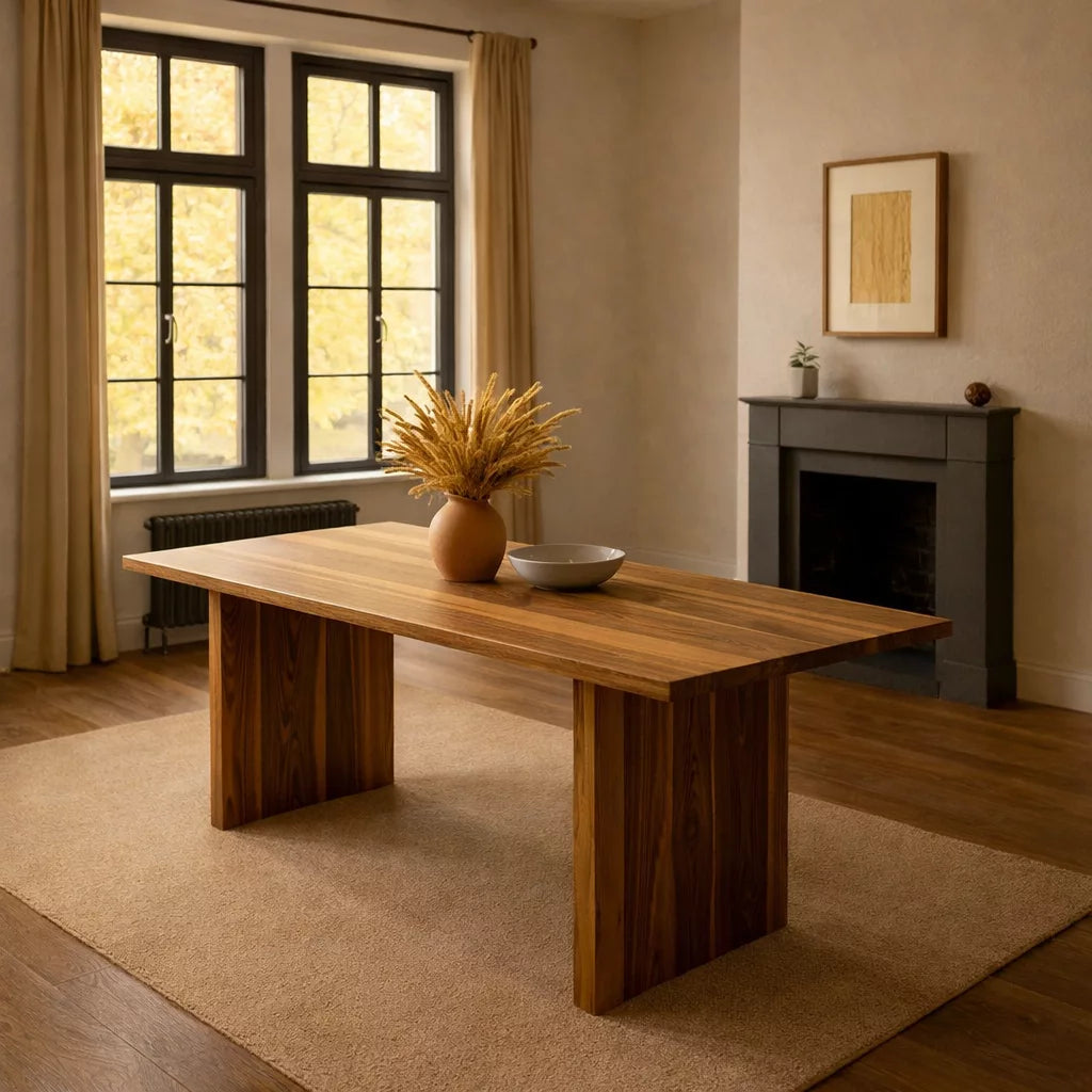 Masif Ceviz Yemek Masası, etrafında sandalyeler ve bir vazoyla düzenlenmiş şık bir yemek odası görüntüsü.