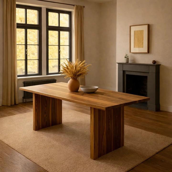 Masif Ceviz Yemek Masası, etrafında sandalyeler ve bir vazoyla düzenlenmiş şık bir yemek odası görüntüsü.