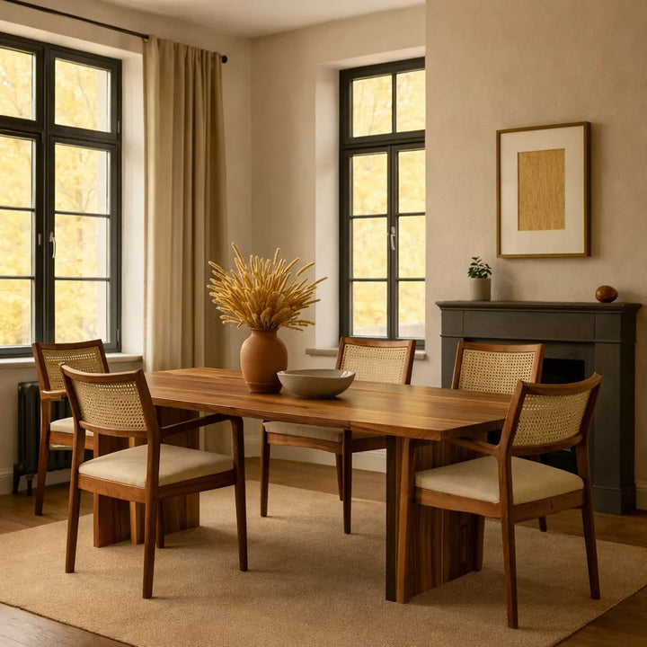 Masif Ceviz Yemek Masası, etrafında sandalyeler ve üzerinde bir vazoyla düzenlenmiş şık bir masa görüntüsü.