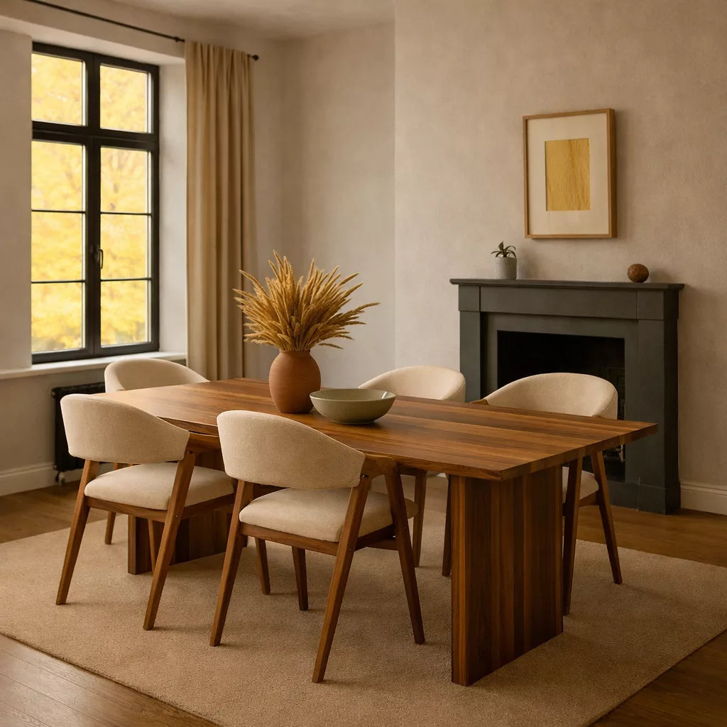 Masif Ceviz Yemek Masası, etrafında sandalyeler ve bir vazoda çiçeklerle dekore edilmiş bir yemek alanı.