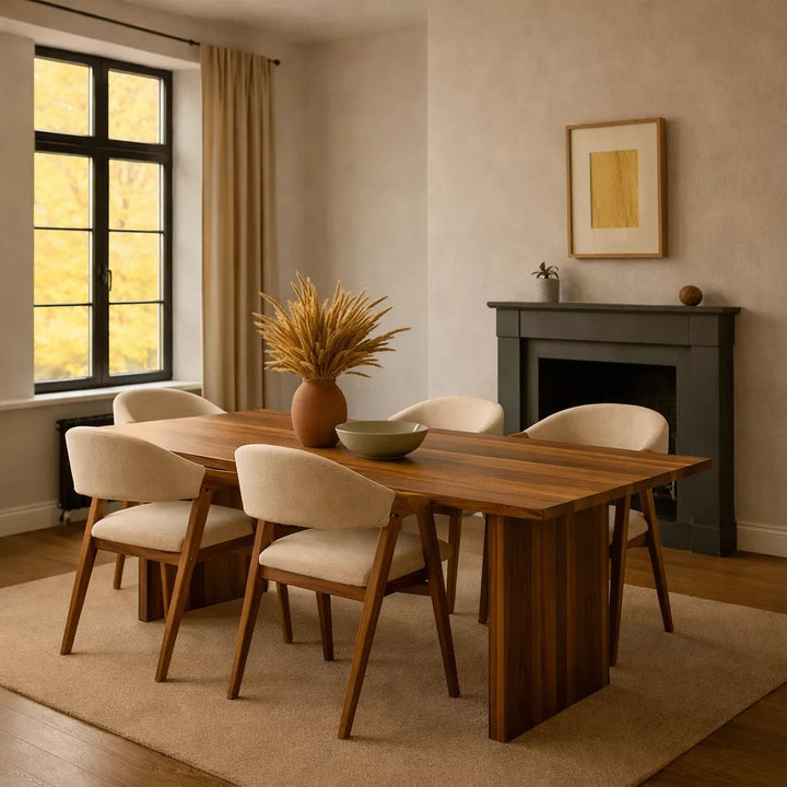 Masif Ceviz Yemek Masası, etrafında sandalyeler ve bir vazoda çiçeklerle dekore edilmiş bir yemek alanı.