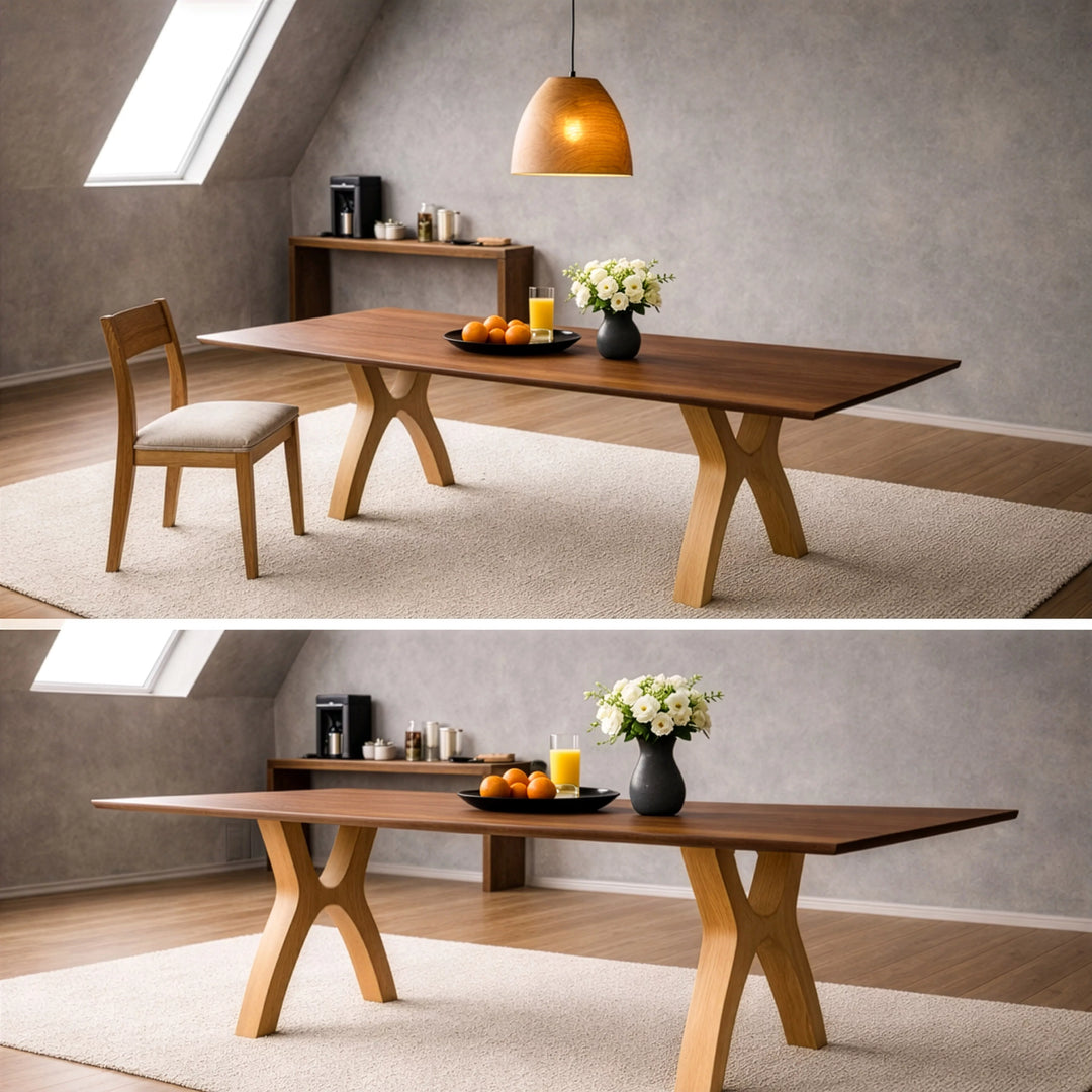 Masif Kestane Yemek Masası'nın modern kavisli ayaklı ahşap masa ve sandalyelerinin üç görüntüsü.