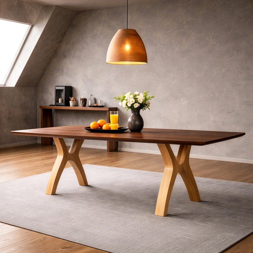 Masif Kestane Yemek Masası, pencereli bir odada modern kavisli ayaklarıyla şık bir şekilde yer alıyor.