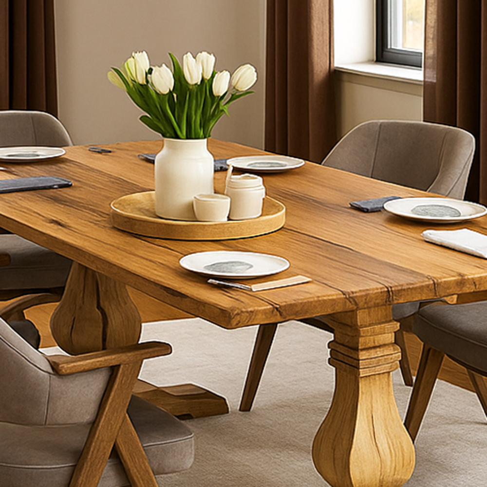 El isciligiyle uretilmis meşe masif ahsap dikdortgen yemek masasi vornom