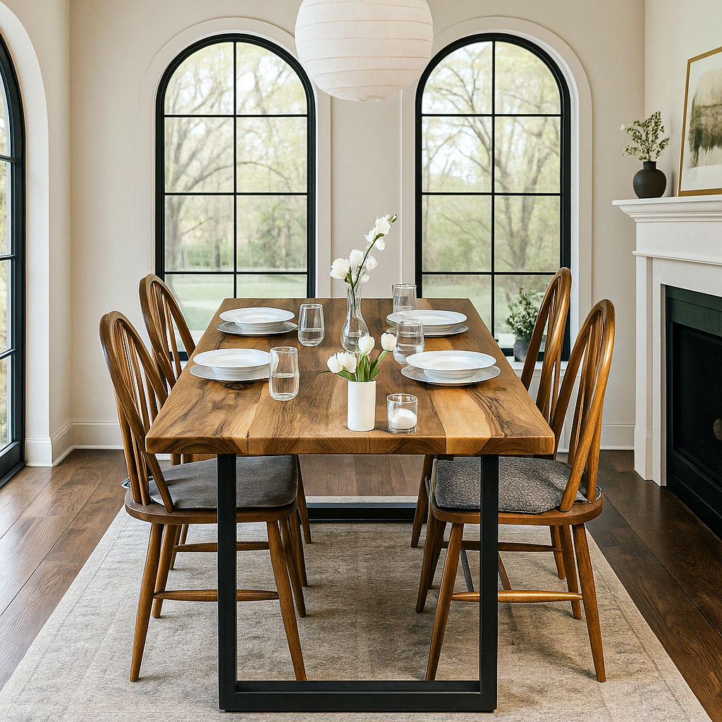 Vornom ceviz yemek masasi, dogal ahsap dokusu ve modern siyah metal ayaklariyla. Genis ve ferah yemek alanlari icin ideal