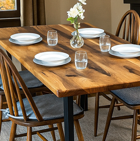 Vornom ceviz yemek masasi detayi, ahsap damarlari ve el isciligi ile zengin bir gorunum. Yemek takimlari icin genis yuzey