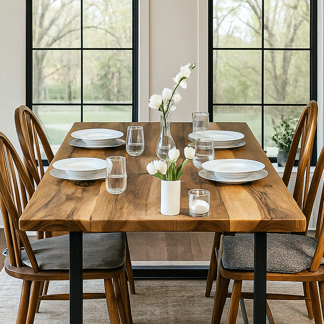 Vornom ceviz yemek masasi, kemerli pencerelerin onunde aydinlik ve sik bir yemek alani yaratir. Genis aileler icin ideal boyut