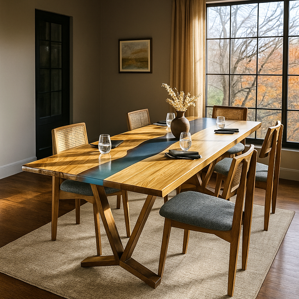 mavi nehir epoksili ceviz yemek masasi vornom