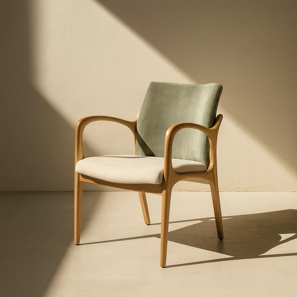 Çift renk kumaşlı organik formlu kayın ağacı retro sandalye çapraz görünüm