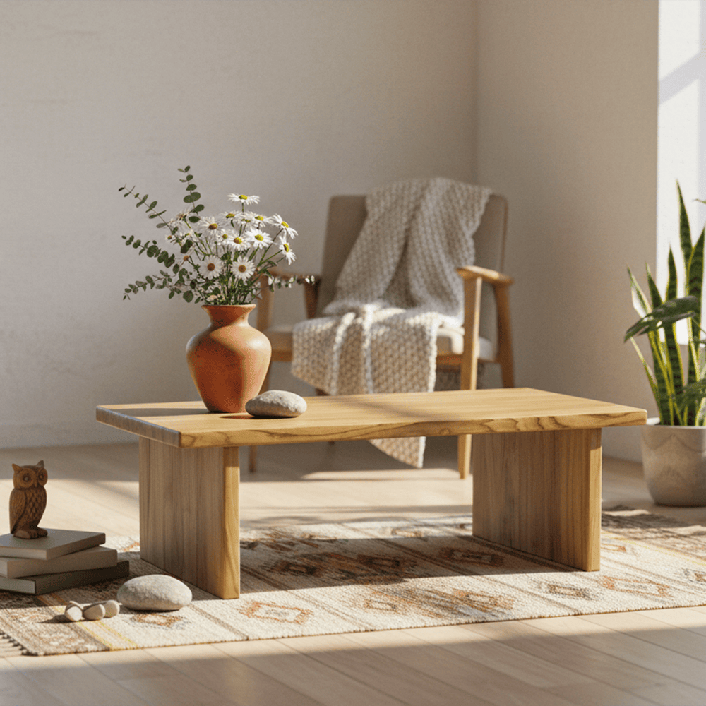 acik kahverengi masif kestane ahsap orta sehpa modern cizgilerle tasarlanmis vornom