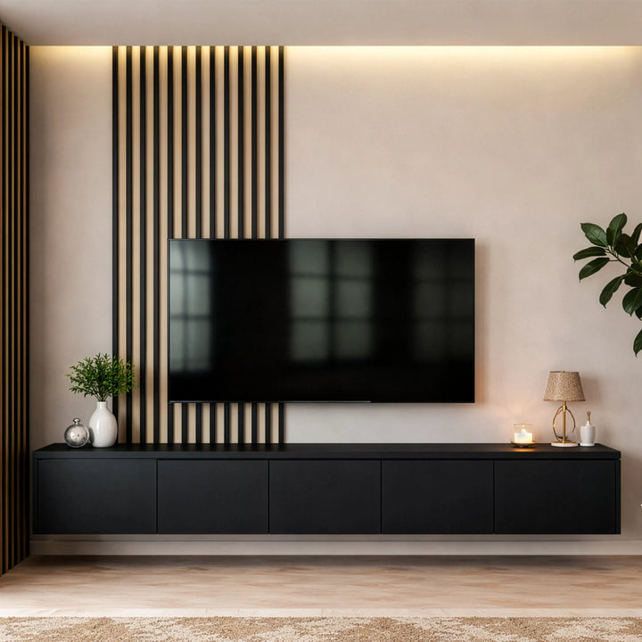 Modern bir oturma odası, siyah yeşili duvara monte TV ünitesi ile şık bir görünüm sunuyor.