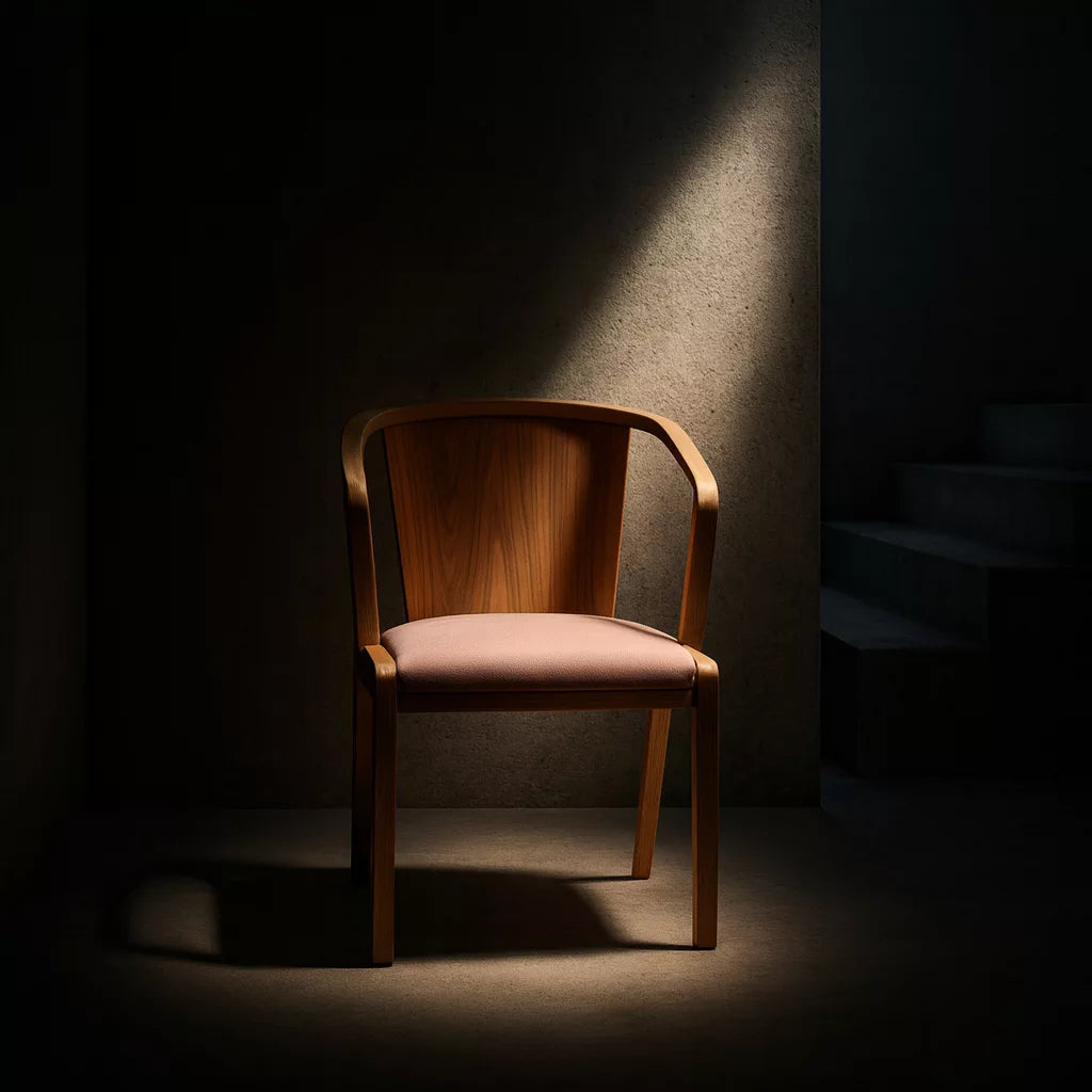 Işık altında, yumuşak formlara sahip kayın ahşap yemek sandalyesi karanlık bir ortamda yer alıyor.